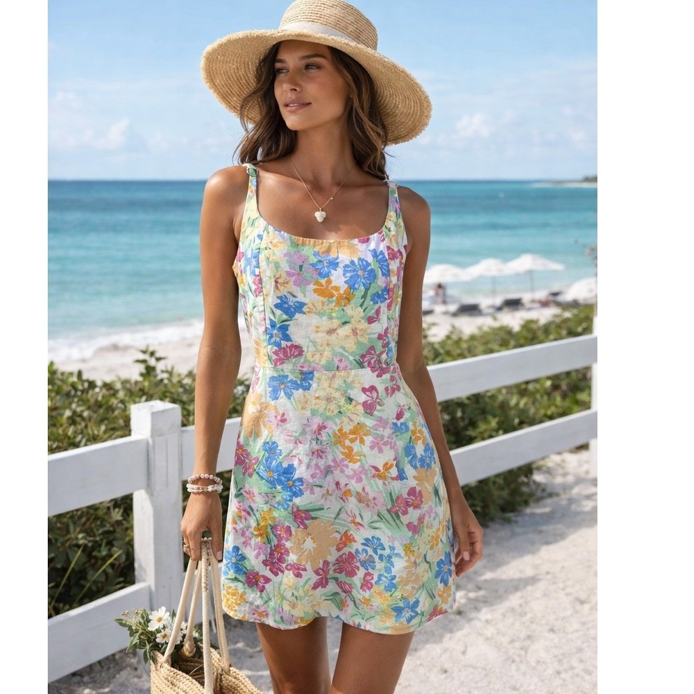 Old Navy Floral Linen Blend Smocked Pockets Mini Dress Coastal Resort Large